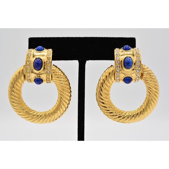 Givenchy Vintage Cabochon Clip On Earrings Lapis Gold Chunky Signed 1980s BinAF